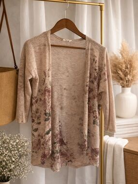 Beige Floral Open-Front Women's Cardigan Sweater